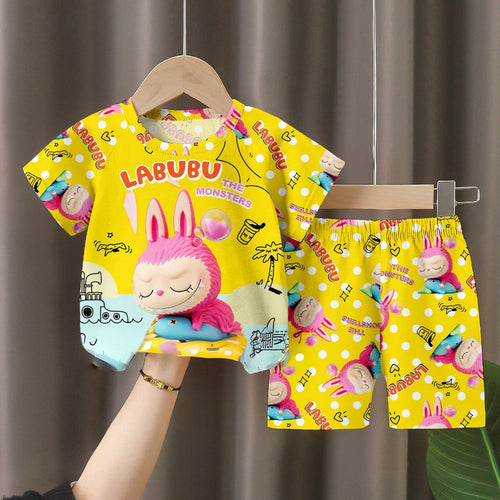 LABUBU Baby Pajama Set - "The Monsters" Bright Yellow Milk Silk Sleepwear